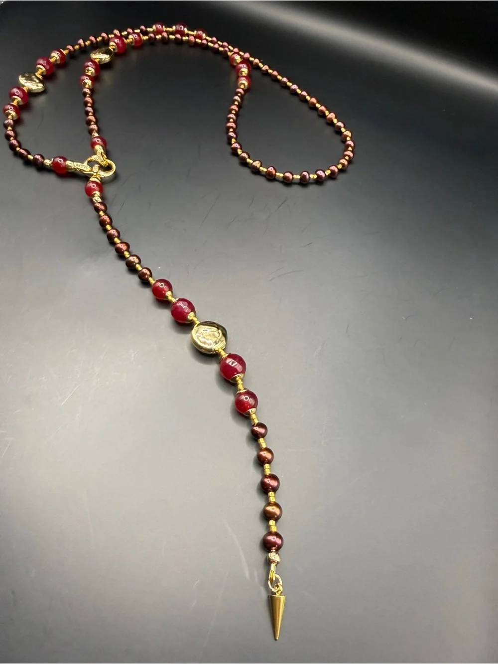 Gold & Burgundy Beaded Rosary-Style Necklace real pearl